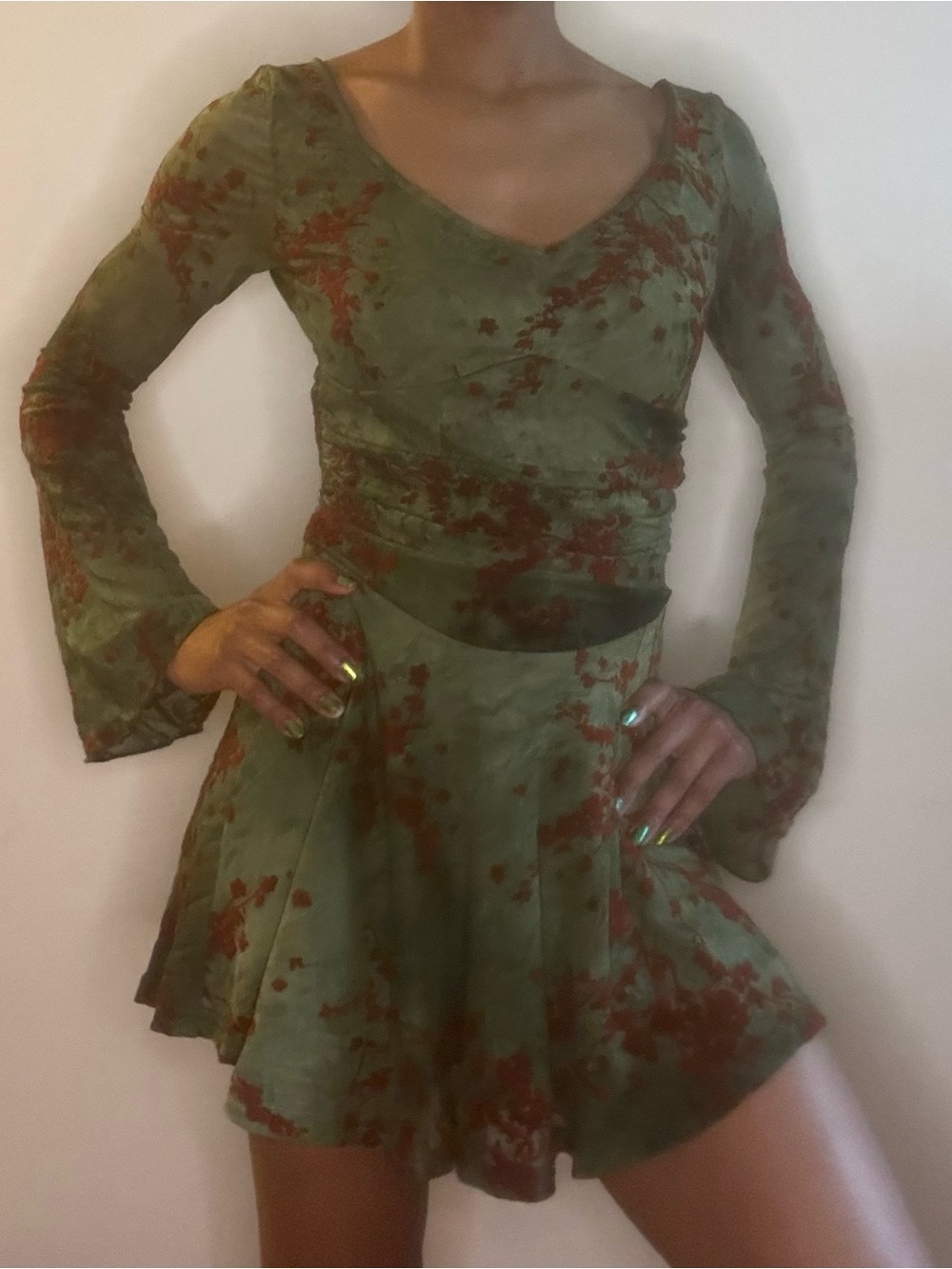 Cider Olive Green and Rust Floral Mini Dress